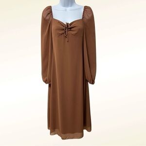 Aritzia Wilfred Jacqueline Brown Ruched Tie Front Dress Size 4 Balloon Sleeve